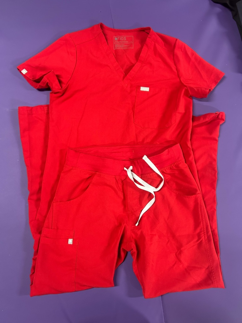 Figs Red V-Neck Scrub Top with Drawstring Pants